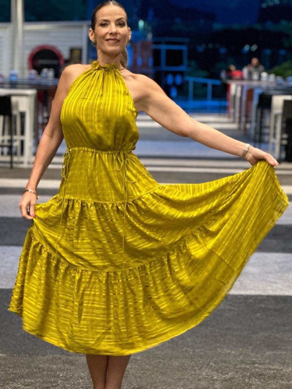 Ted Baker. STUNNING Halter & Tiered Midi Dress in Mustard Yellow/ Chartreuse